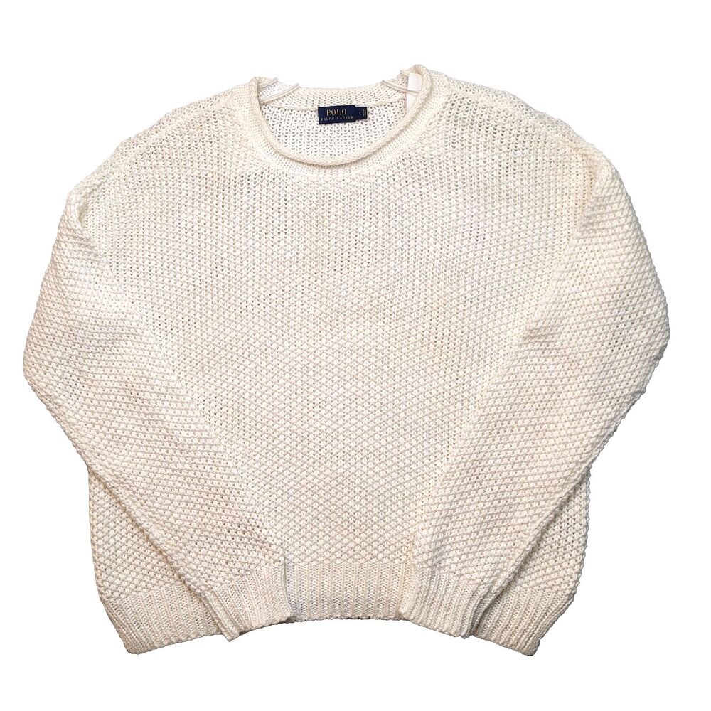 Polo Ralph Lauren Sz Large Ivory Open Knit Crochet Boxie Sweater Linen Cotton
